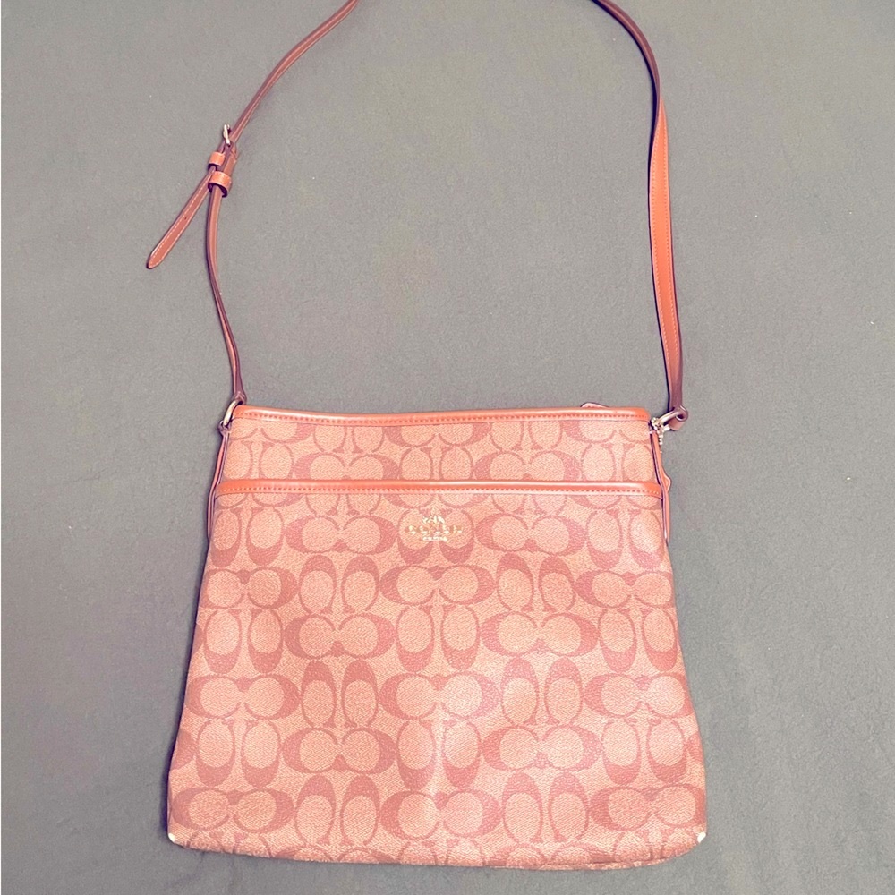 Coach Tan Signature Print Messenger Crossbody Bag Gem